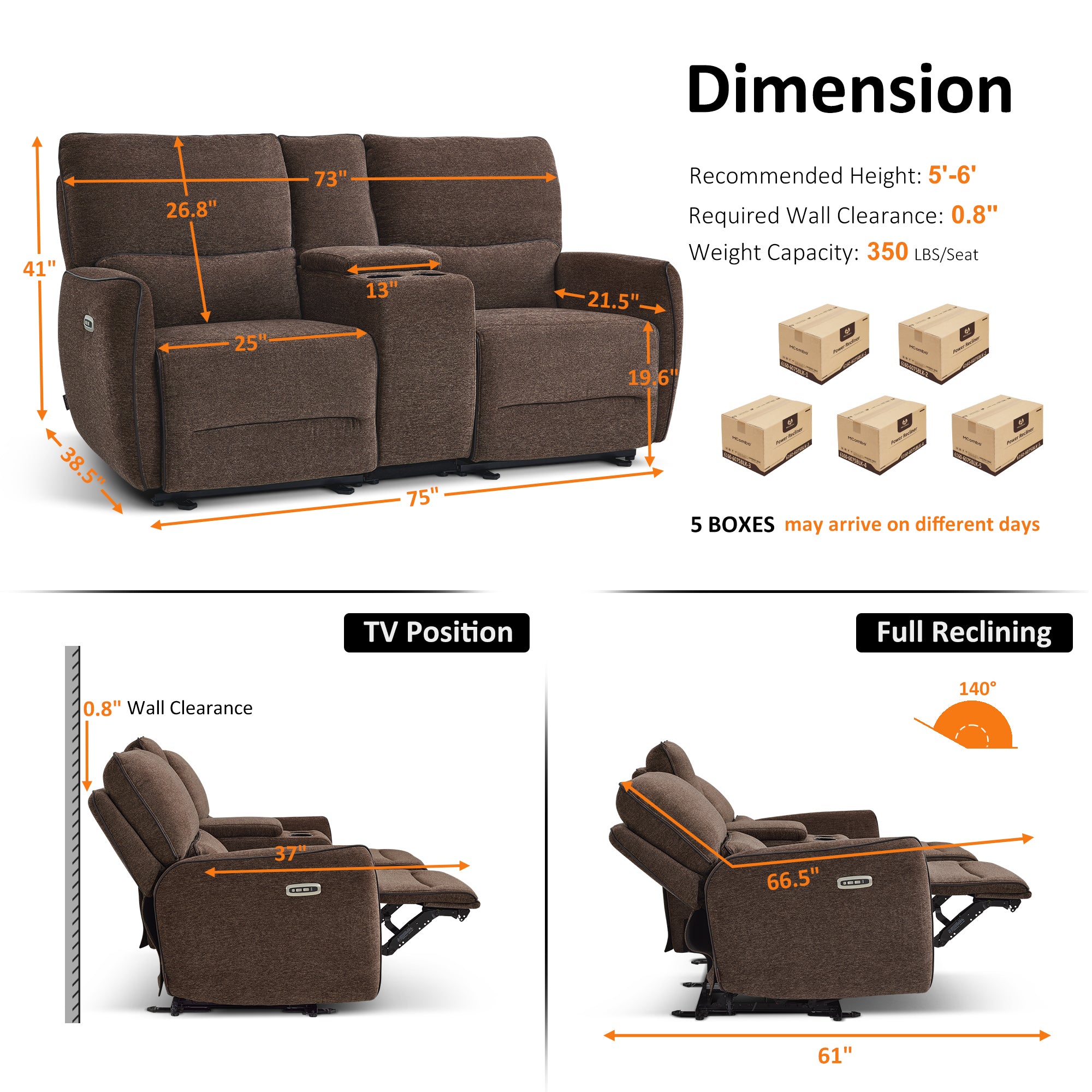 Power Reclining Loveseat with Console and Adjustable Headrest, Wall Hugger, 6926