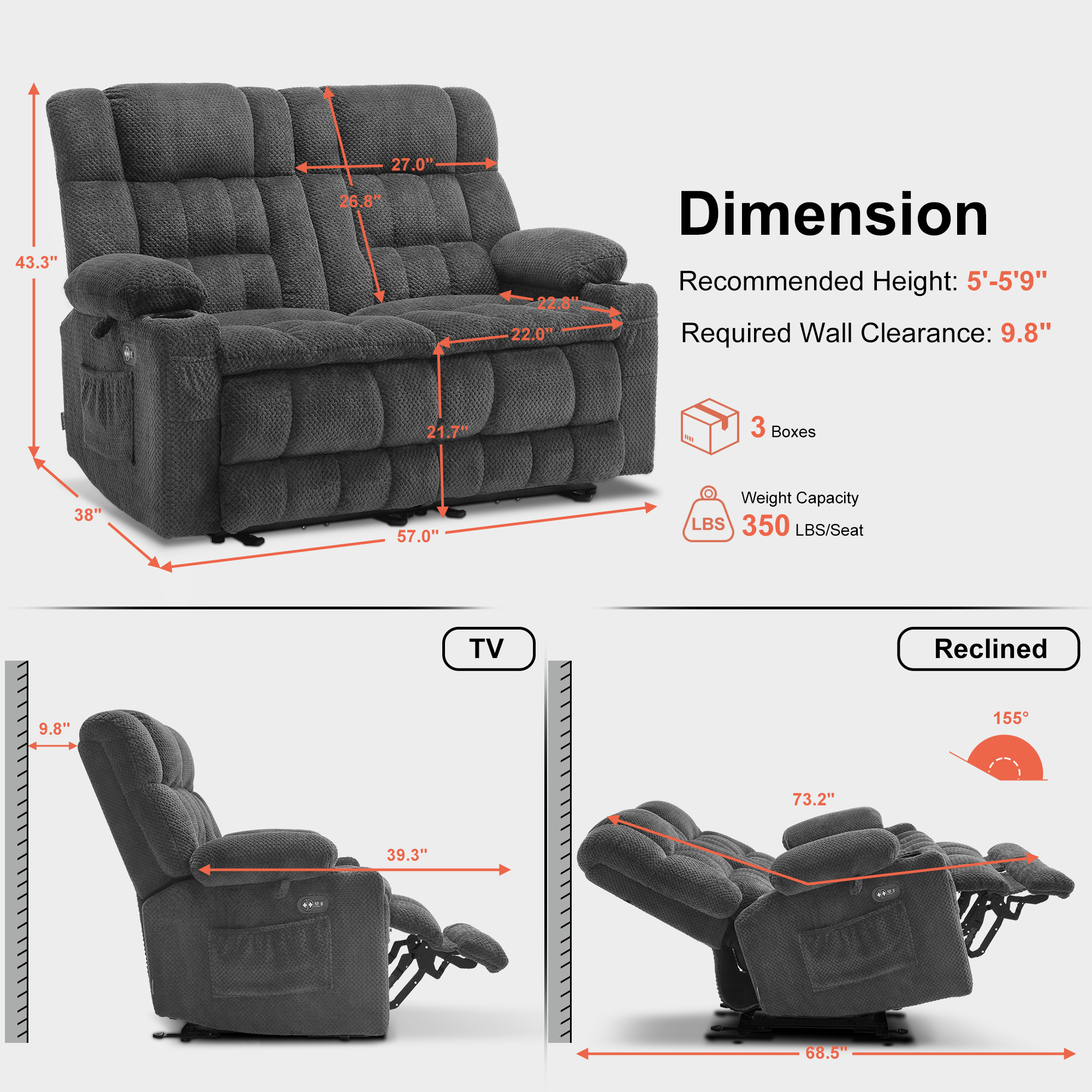 Power Reclining Loveseat with Heat and Massage, Fabric 6314|6316M3