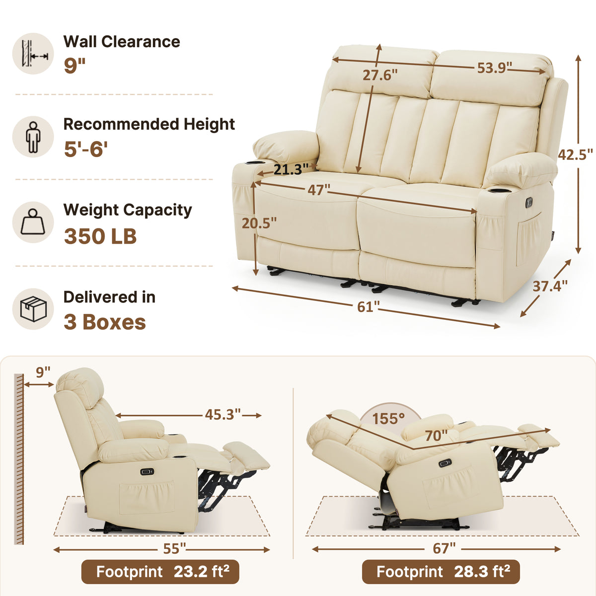 61 in Power Reclining Loveseat with Heat and Massage 6075