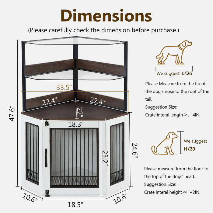 MCombo Corner Dog Crate Furniture with Glass Shelves, Wooden Dog Kennel Furniture with Door, Pet Crate Indoor Use, CN28