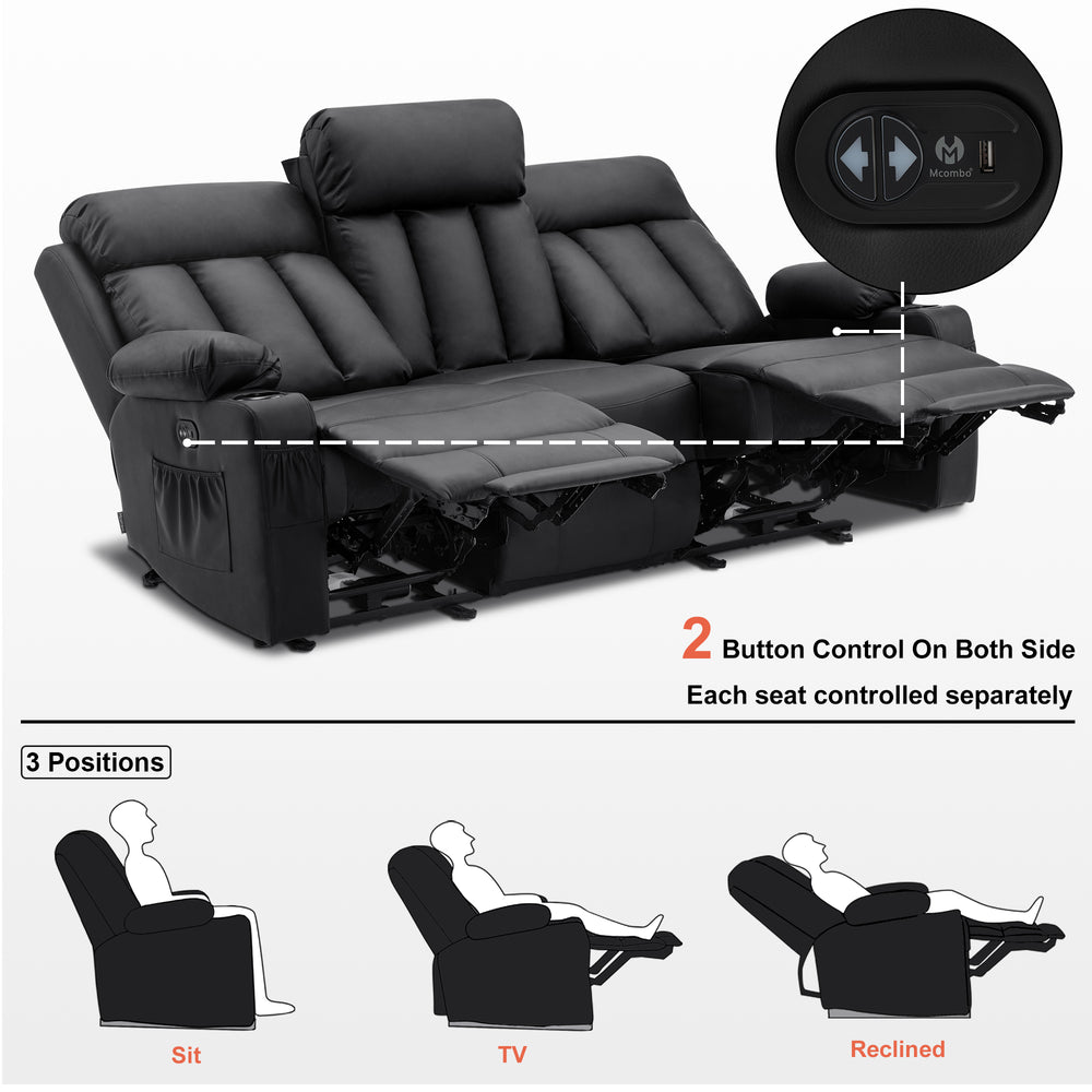 Power Reclining Sofa with Heat and Massage, Faux leather 6077 – MCombo