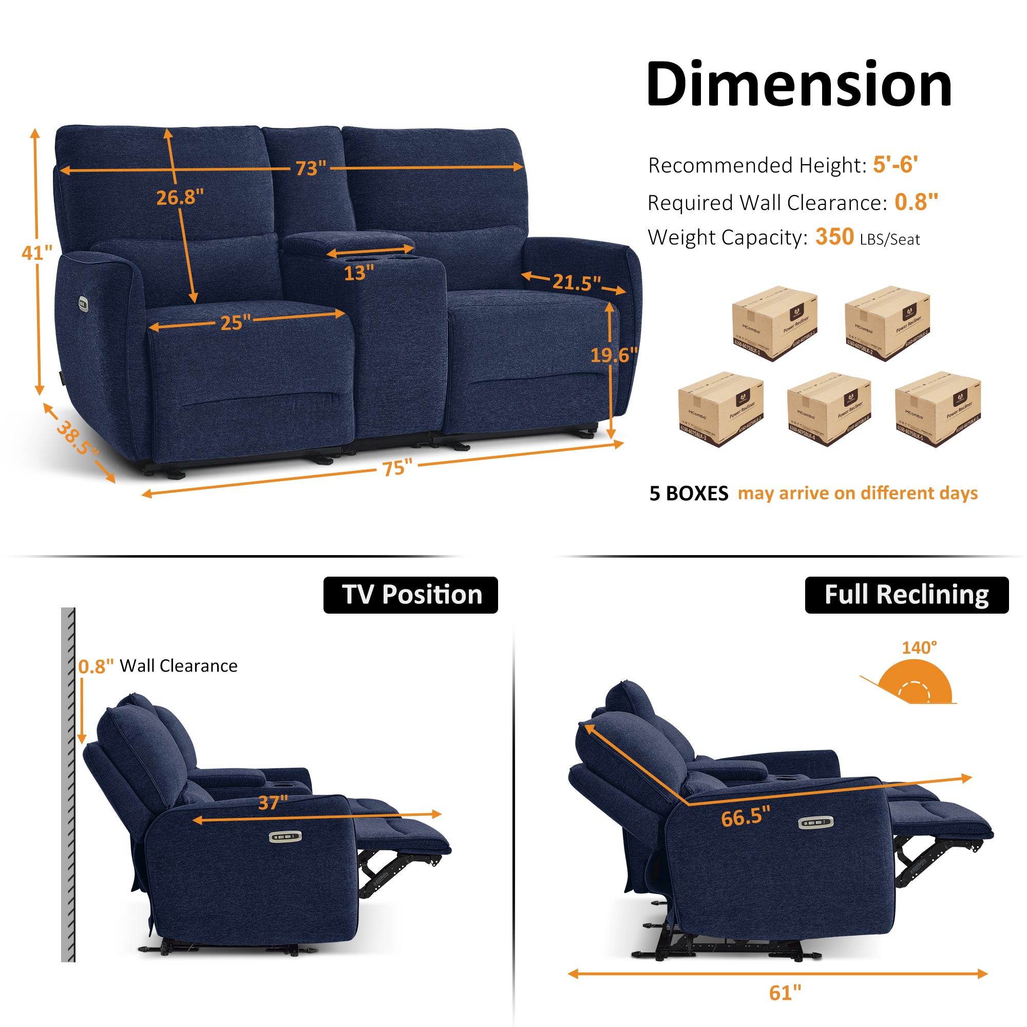 Power Reclining Loveseat with Console and Adjustable Headrest, Wall Hugger, 6926