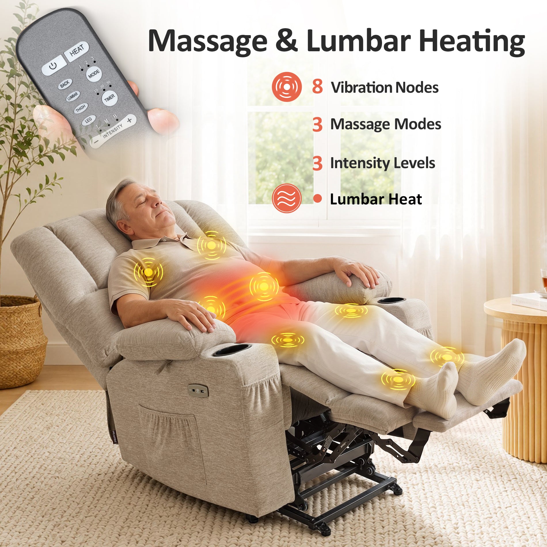 Power Lift Recliner Chair, Massage and Heat, Fabric 7095|7099|R7092|R7096