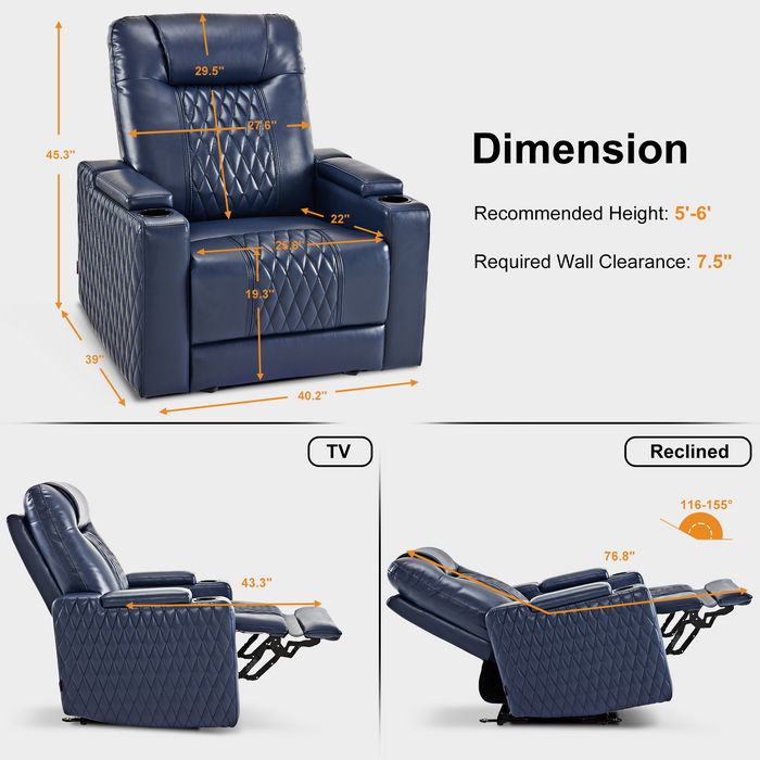 MCombo Power Recliner Chair with Adjustable Headrest, Home Theater Seating with USB & Type C Port, LED Light & Armrest Storage, Electric Power Reclining Sofa for Living Room HTS401