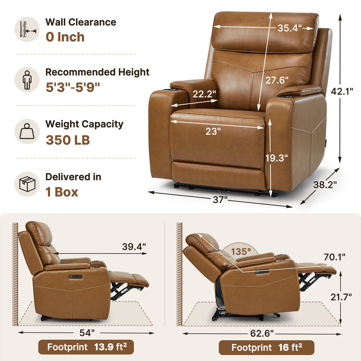 Genuine Leather Zero-Wall Power Recliner with Adjustable Headrest, Cup Holders GL58