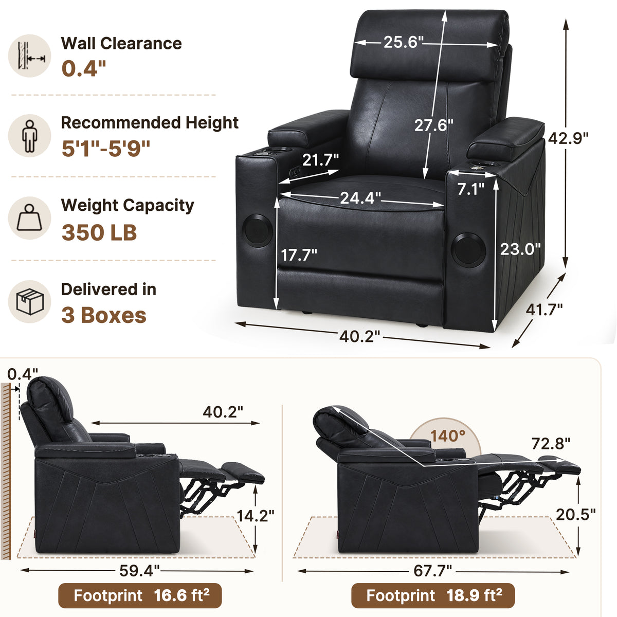 Wall Hugger Recliner Chair for RV, Theater Seating, HTS859