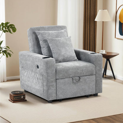 MCombo Convertible Sleeper Chair Bed, 3-in-1 Folding Sofa Chair with Adjustable Backrest, Pull-Out Bed with USB Port, Cup Holders, Linen Fabric, for Small Spaces Living Room Guest Room Office VN6001