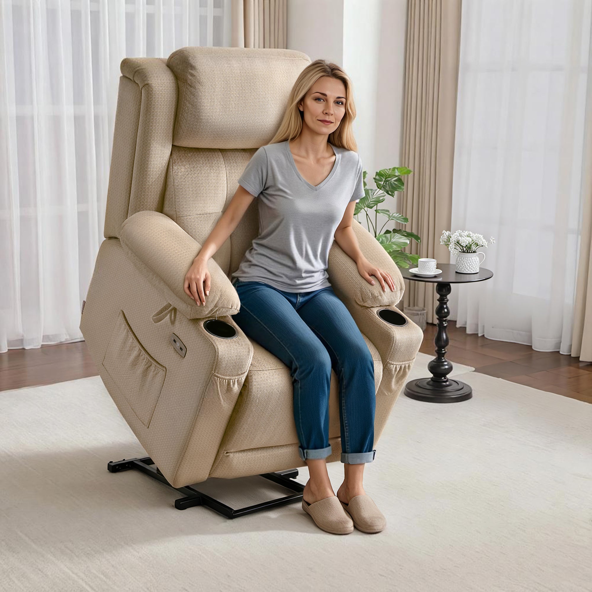 Power Lift Recliner Chair, Triple Motor, Massage and Heat, Fabric