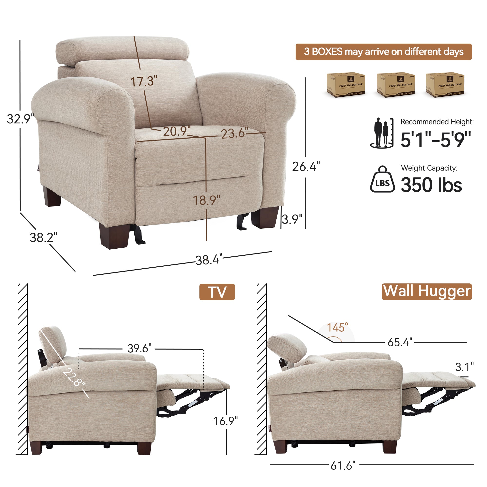 Wall Hugger Power Recliner Chair for Small Spaces, RV & Living Room HL164
