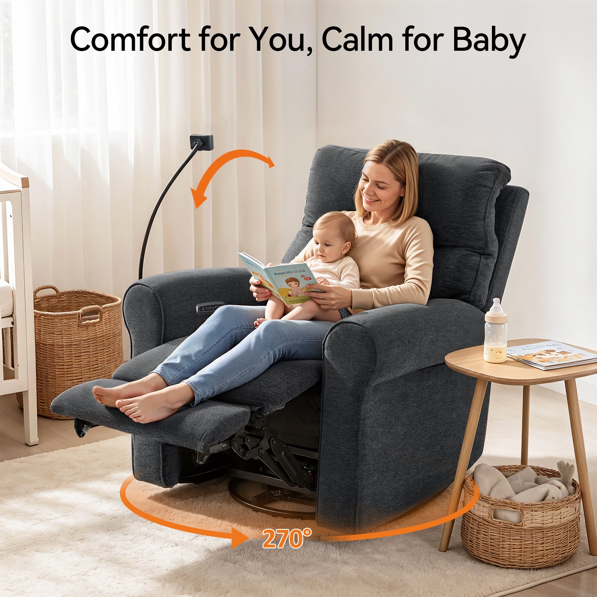 Triple Motor Power Swivel Rocker Recliner with Adjustable Headrest & Extended Footrest, Fabric PR638