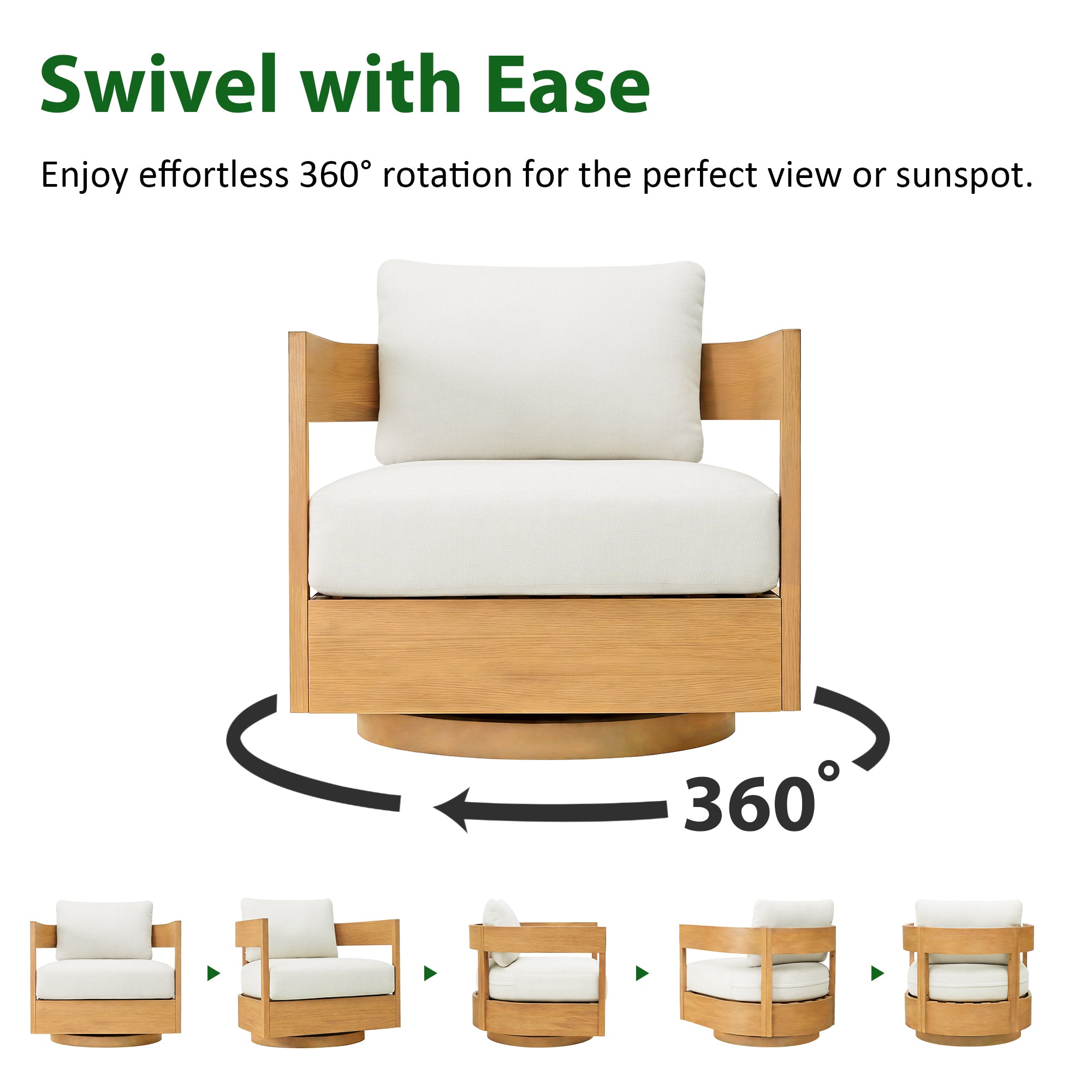 360° Swivel Patio Chair, Outdoor Rotating Armchair with 7.9" Thickened Cushions, Solid Acacia Wood Frame for Backyard, Deck, Indoor OF139