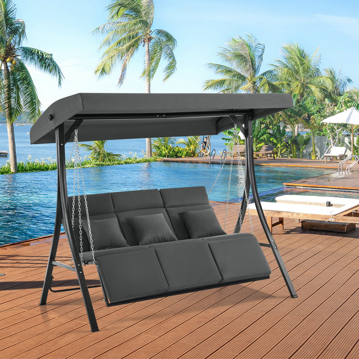 MCombo 3-Seat Reclining Patio Swing Chair with Chain Armrests, Outdoor Porch Swing Chair with Cushions and Pillows for Backyard, Poolside, Deck 4354