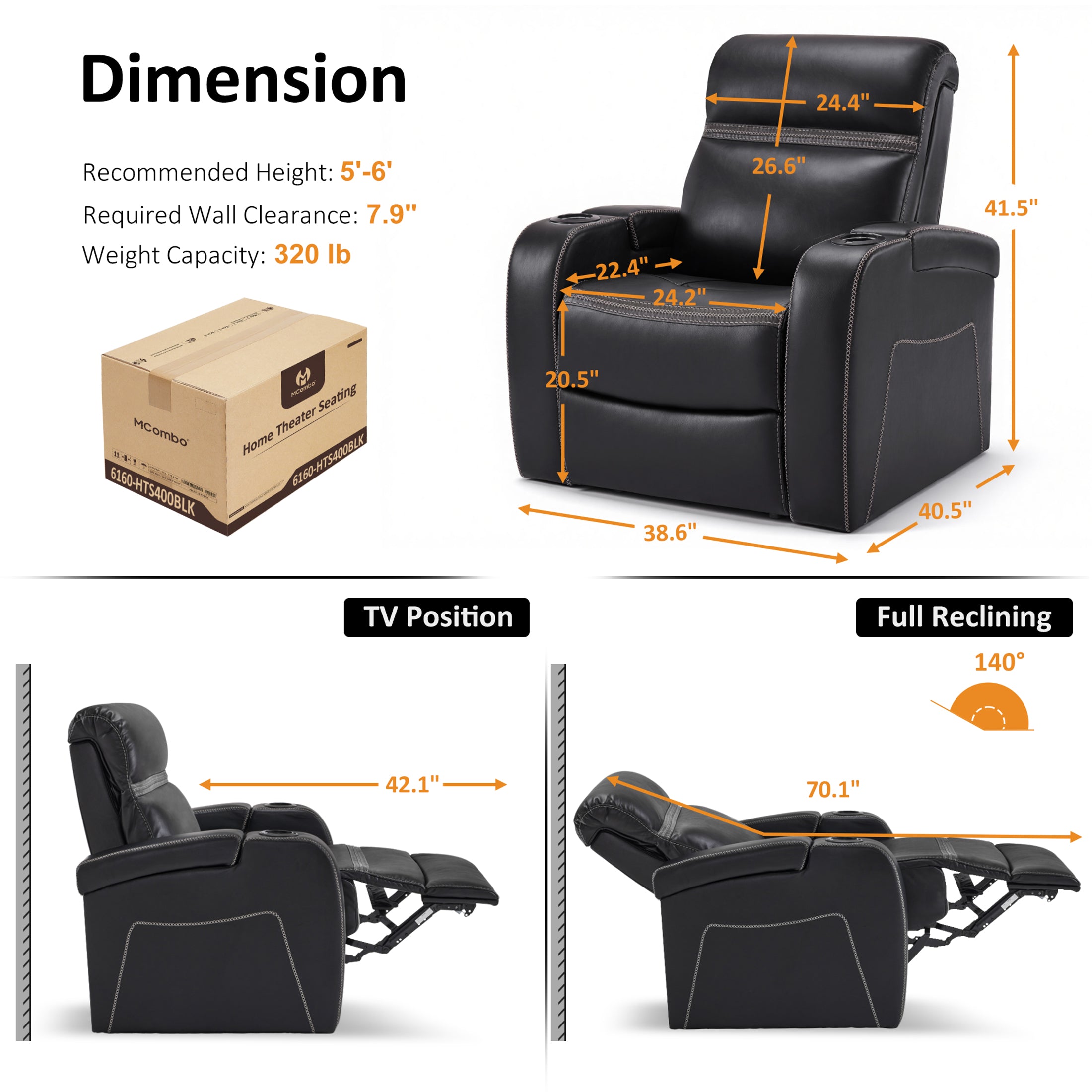Power Recliner Chair, Home Theater Seating, Faux Leather HTS400