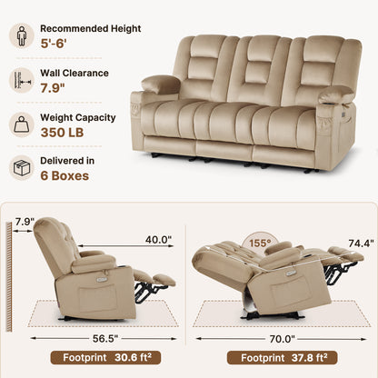 82 in 3 Seater Reclining Sofa with Heat and Massage PR648M3