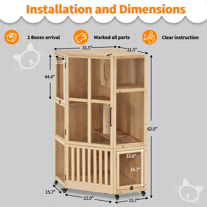 MCombo Large Corner Cat House Villa, Wooden Indoor Cat Enclosure with Scratching Post, Multi-Feature Enclosed Cat Cages with Escape Doors, Wood Cat Condo with Wheels CT96