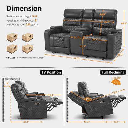 Power Reclining Loveseat with Console, Home Theater Seating, Faux leather HTS480
