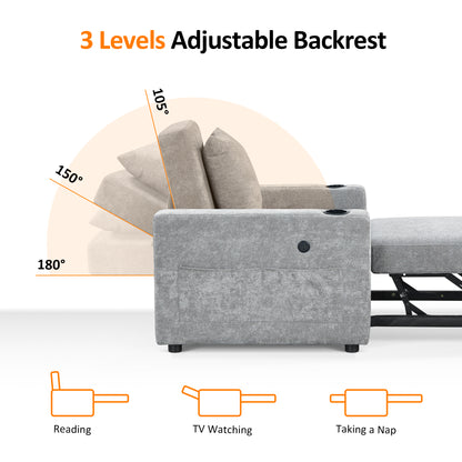 MCombo Convertible Sleeper Chair Bed, 3-in-1 Folding Sofa Chair with Adjustable Backrest, Pull-Out Bed with USB Port, Cup Holders, Linen Fabric, for Small Spaces Living Room Guest Room Office VN6001