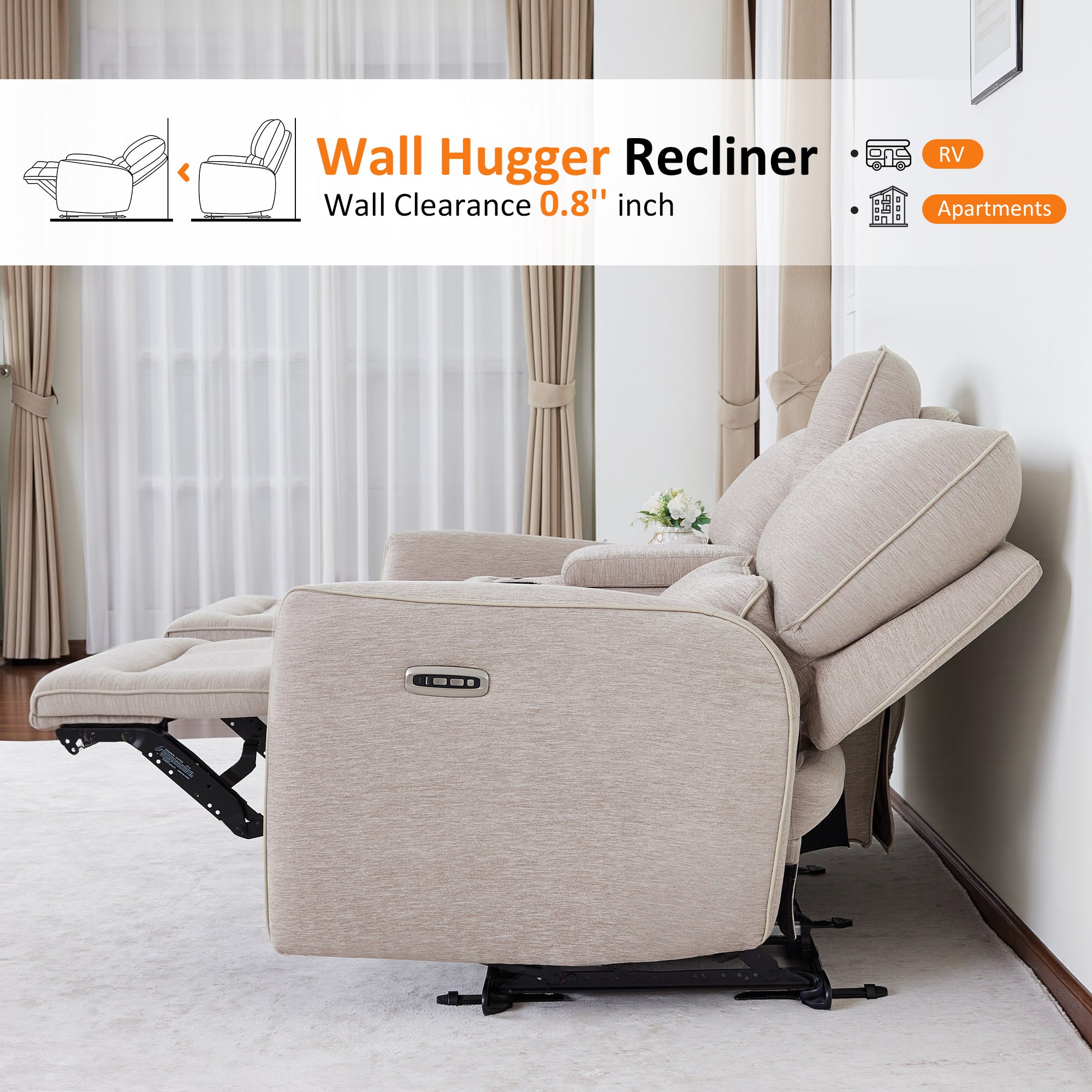 Power Reclining Loveseat with Console and Adjustable Headrest, Wall Hugger, 6926