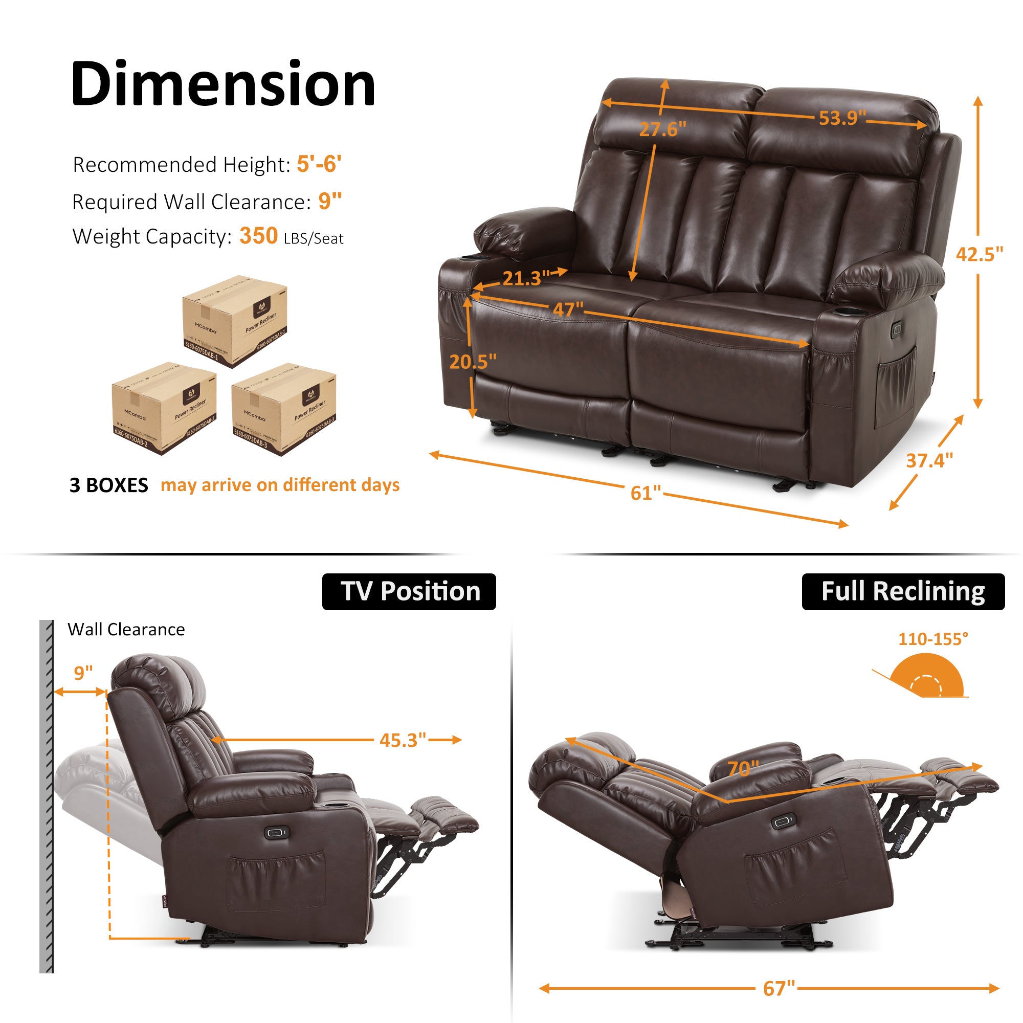 61 in Power Reclining Loveseat with Heat and Massage 6075