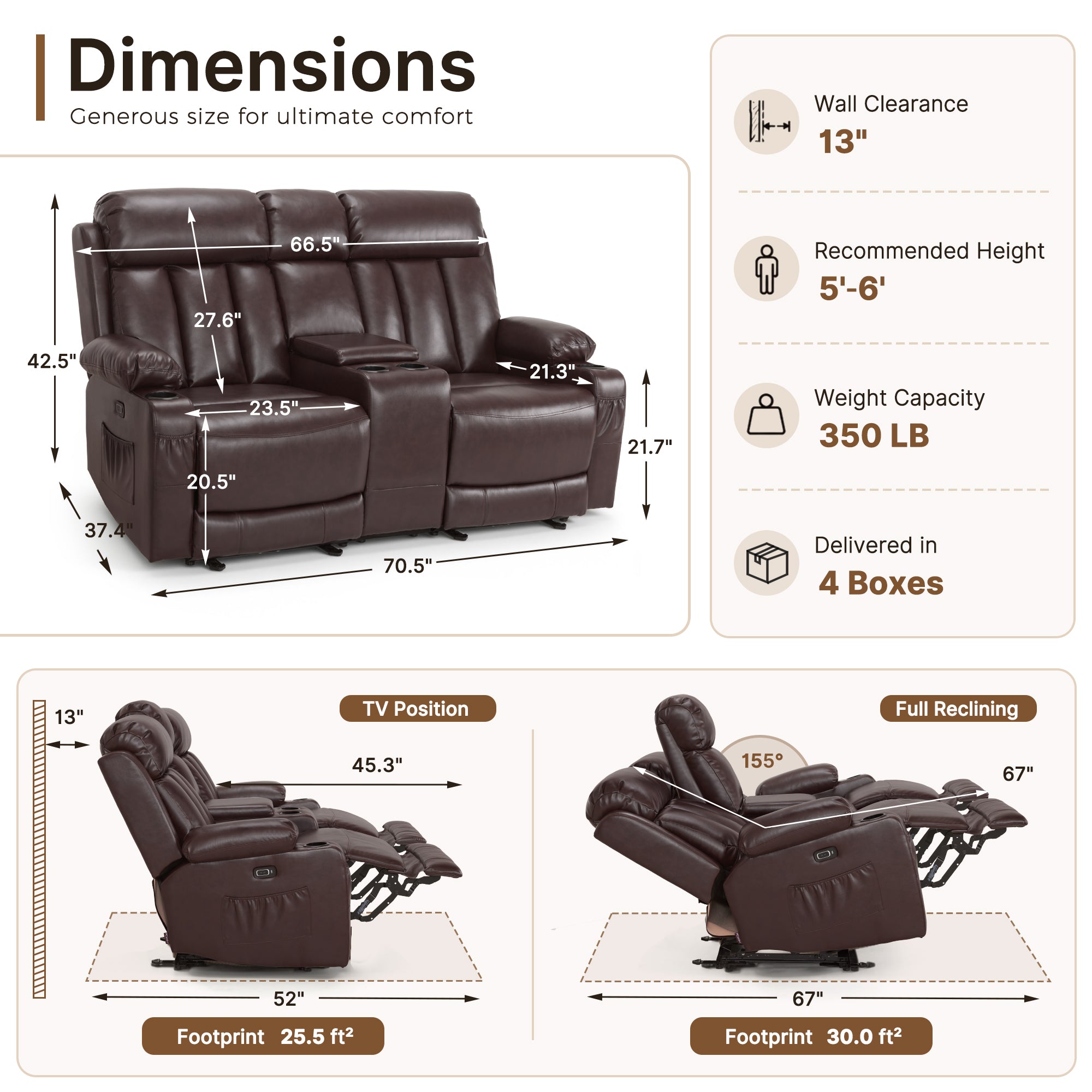 Power Reclining Loveseat with Console, Heat and Massage, Faux leather 6095