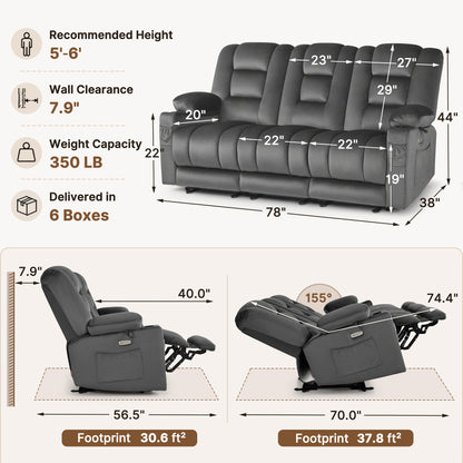 82 in 3 Seater Reclining Sofa with Heat and Massage PR648M3