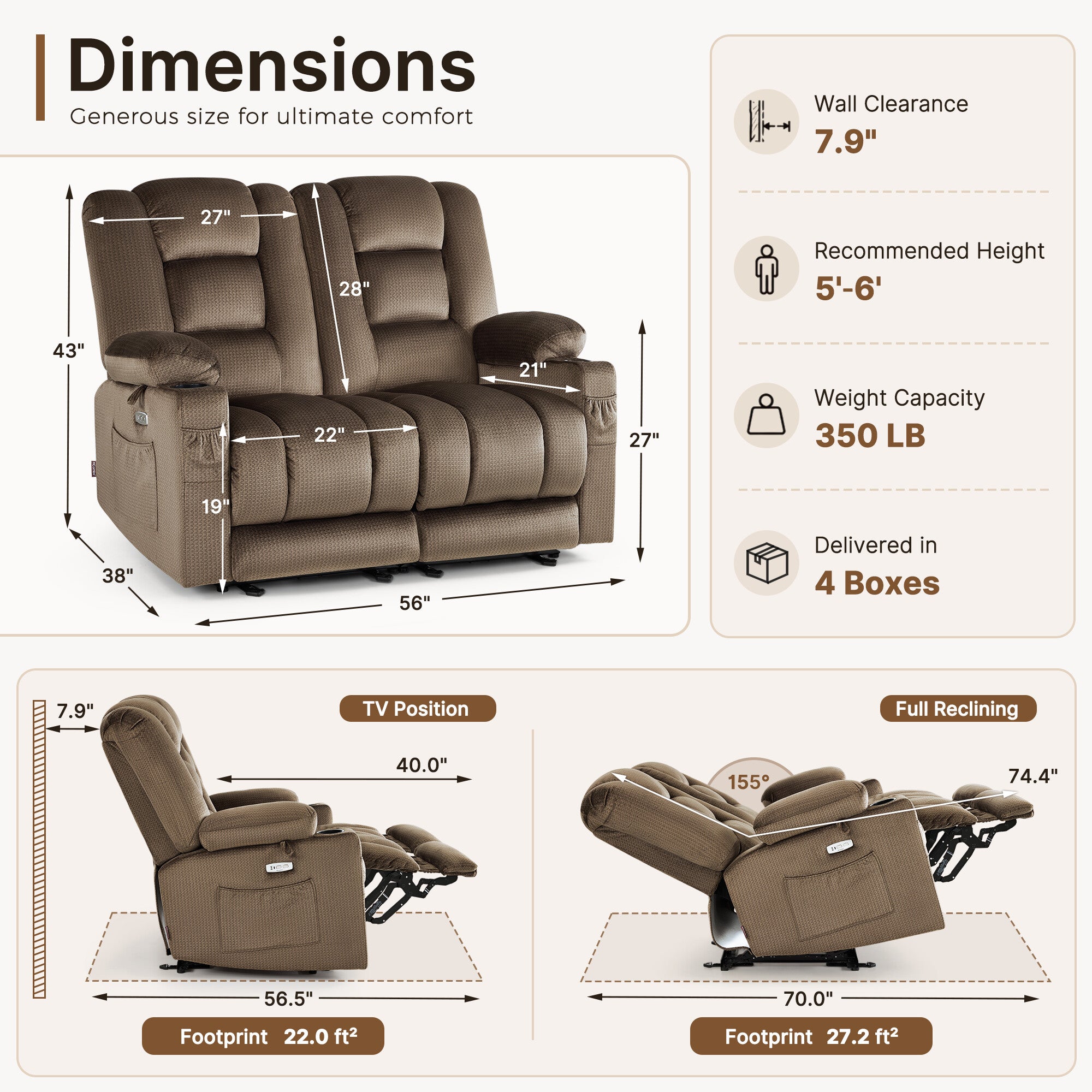 Power Reclining Loveseat with Heat and Massage, Fabric PR648
