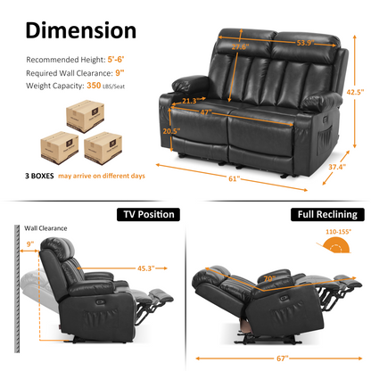 61 in Power Reclining Loveseat with Heat and Massage 6075