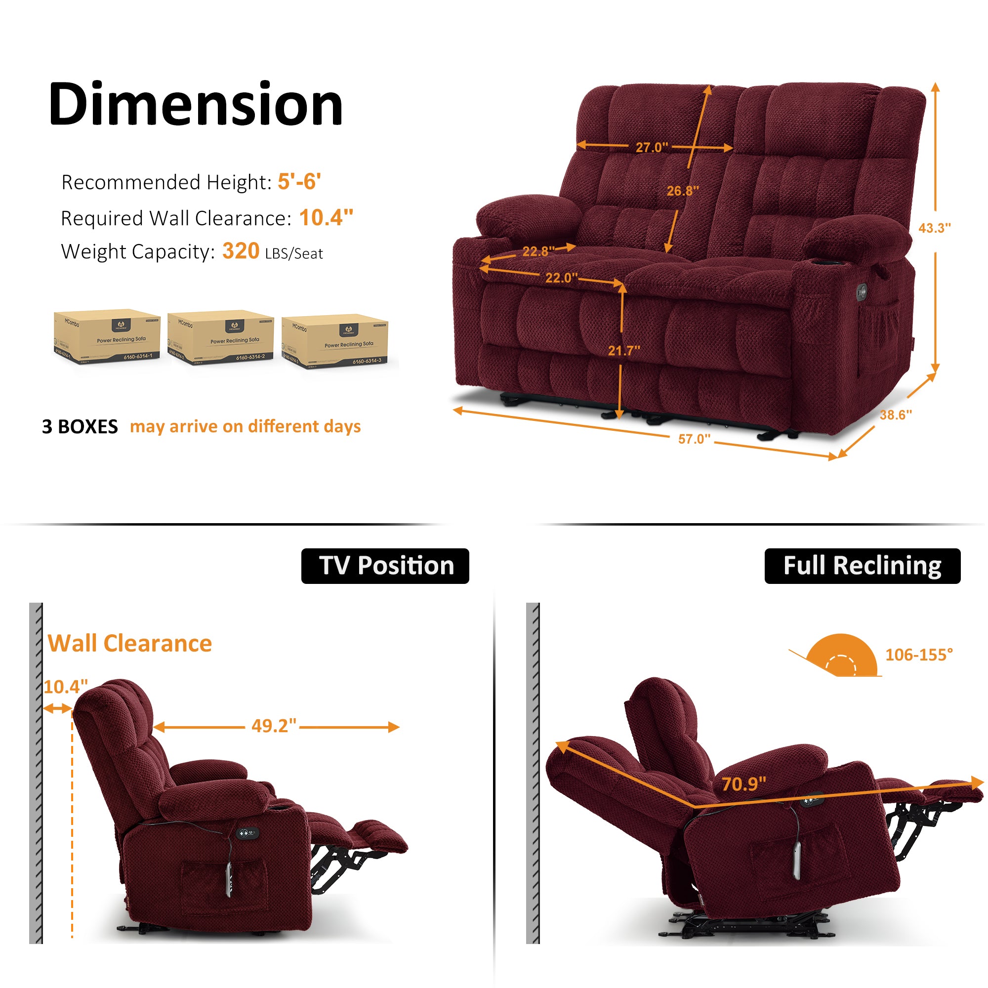 Power Reclining Loveseat with Heat and Massage, Fabric RS6314