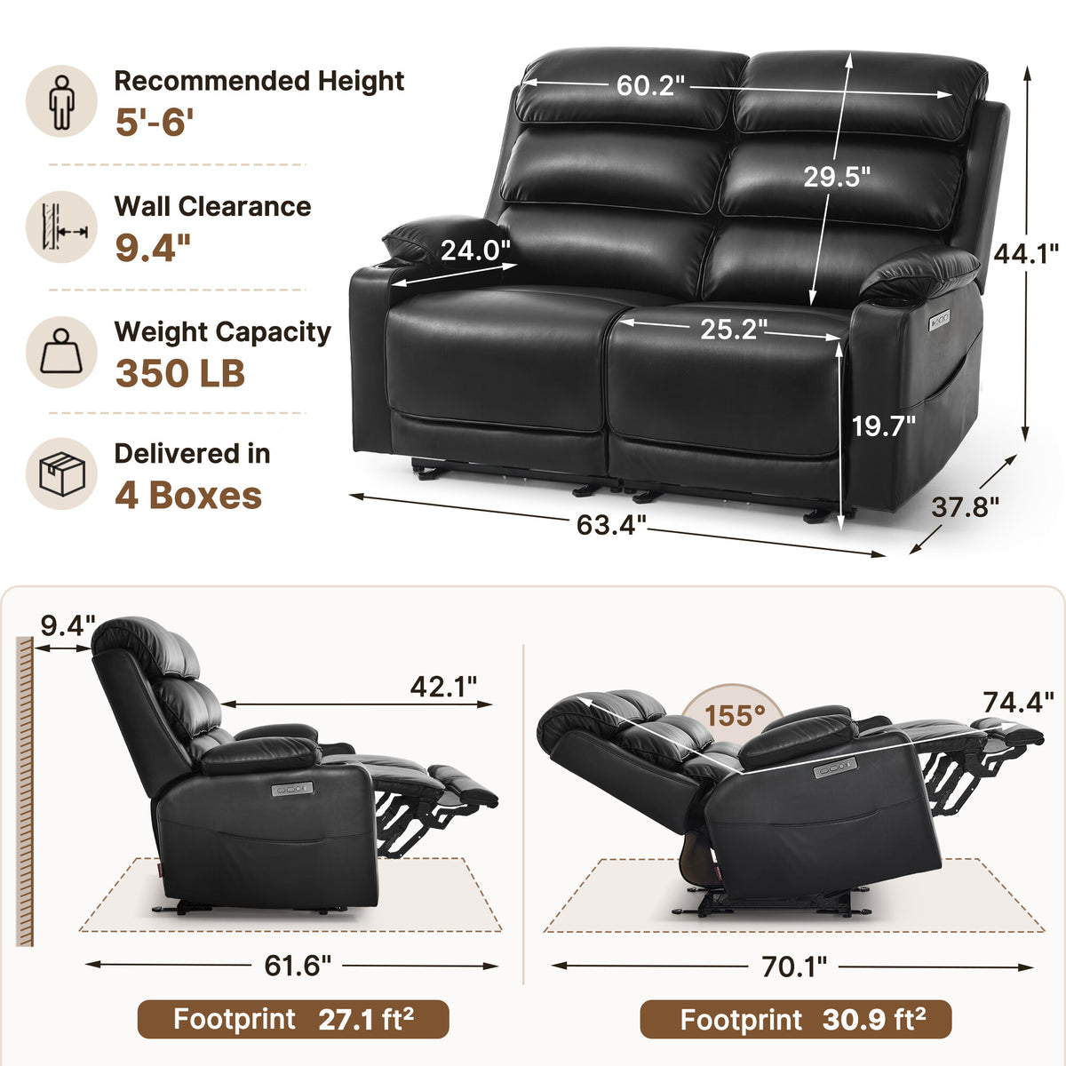 64 in Oversized Reclining Loveseat with Heat & Massage 6711