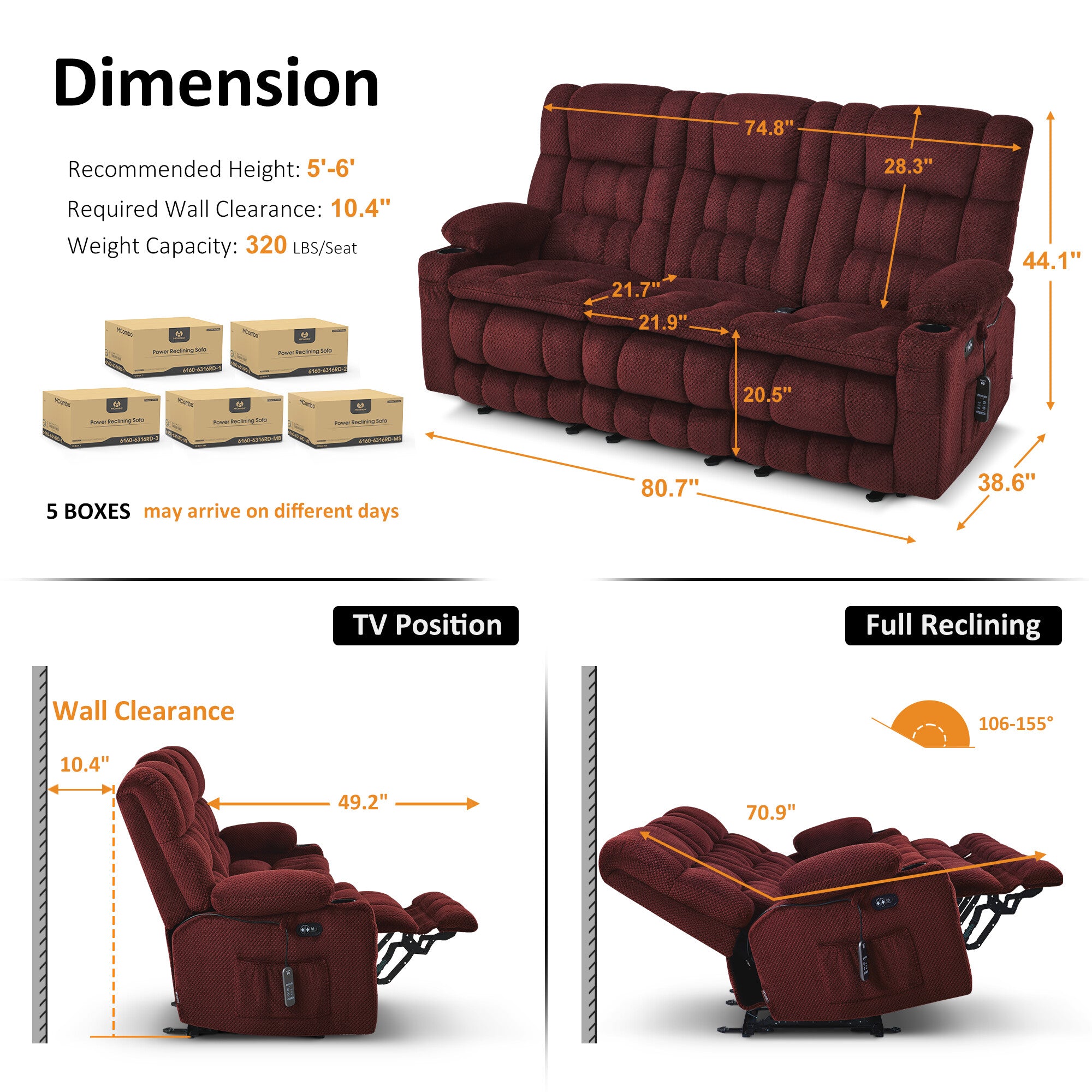 Power Reclining Loveseat with Heat and Massage, Fabric RS6314