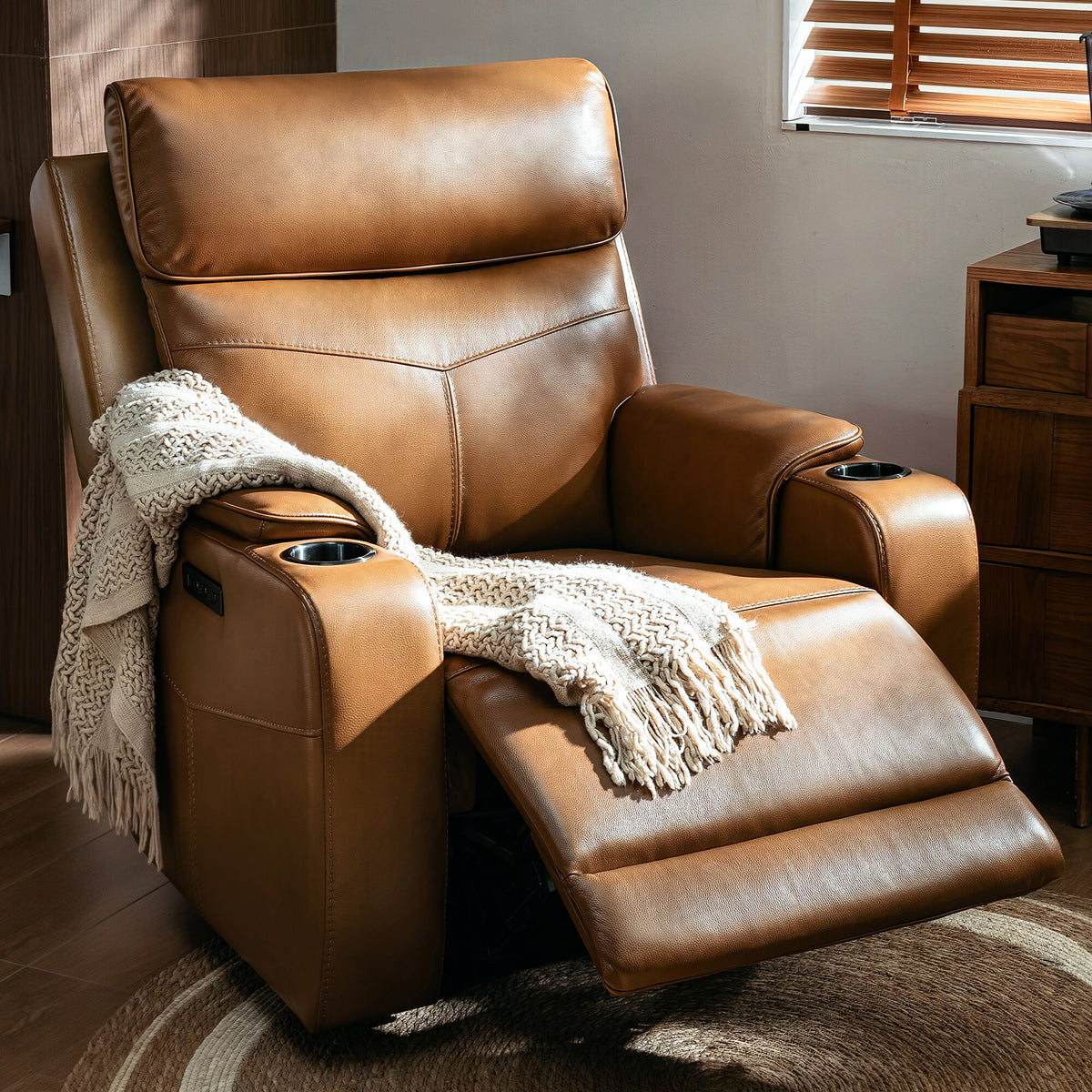 Genuine Leather Zero-Wall Power Recliner with Adjustable Headrest, Cup Holders GL58