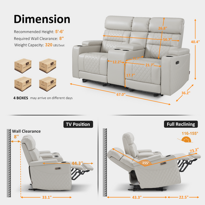 Power Reclining Loveseat with Console, Home Theater Seating, Faux leather HTS480