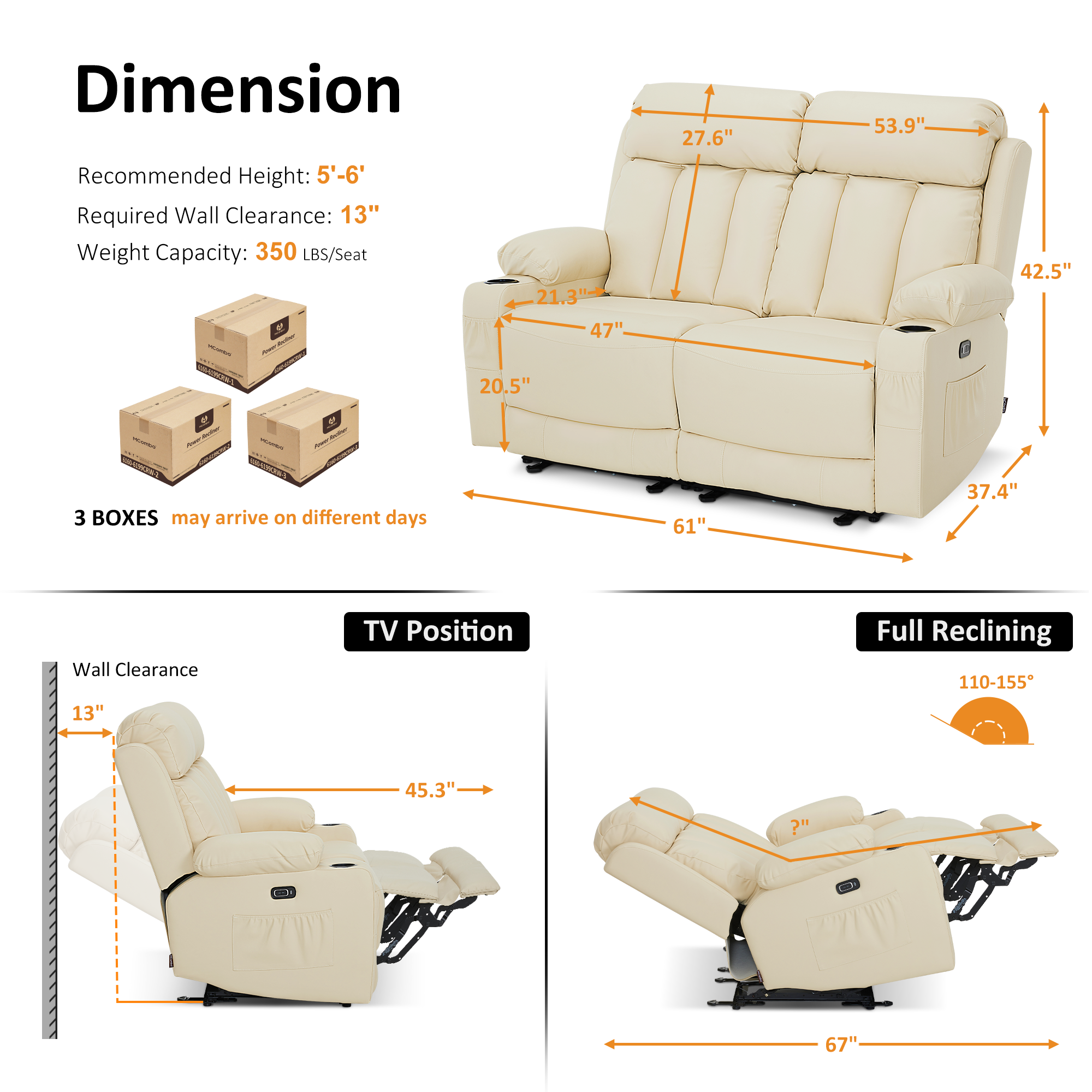 61 in Power Reclining Loveseat with Heat and Massage 6075
