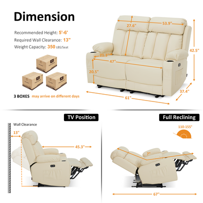 61 in Power Reclining Loveseat with Heat and Massage 6075