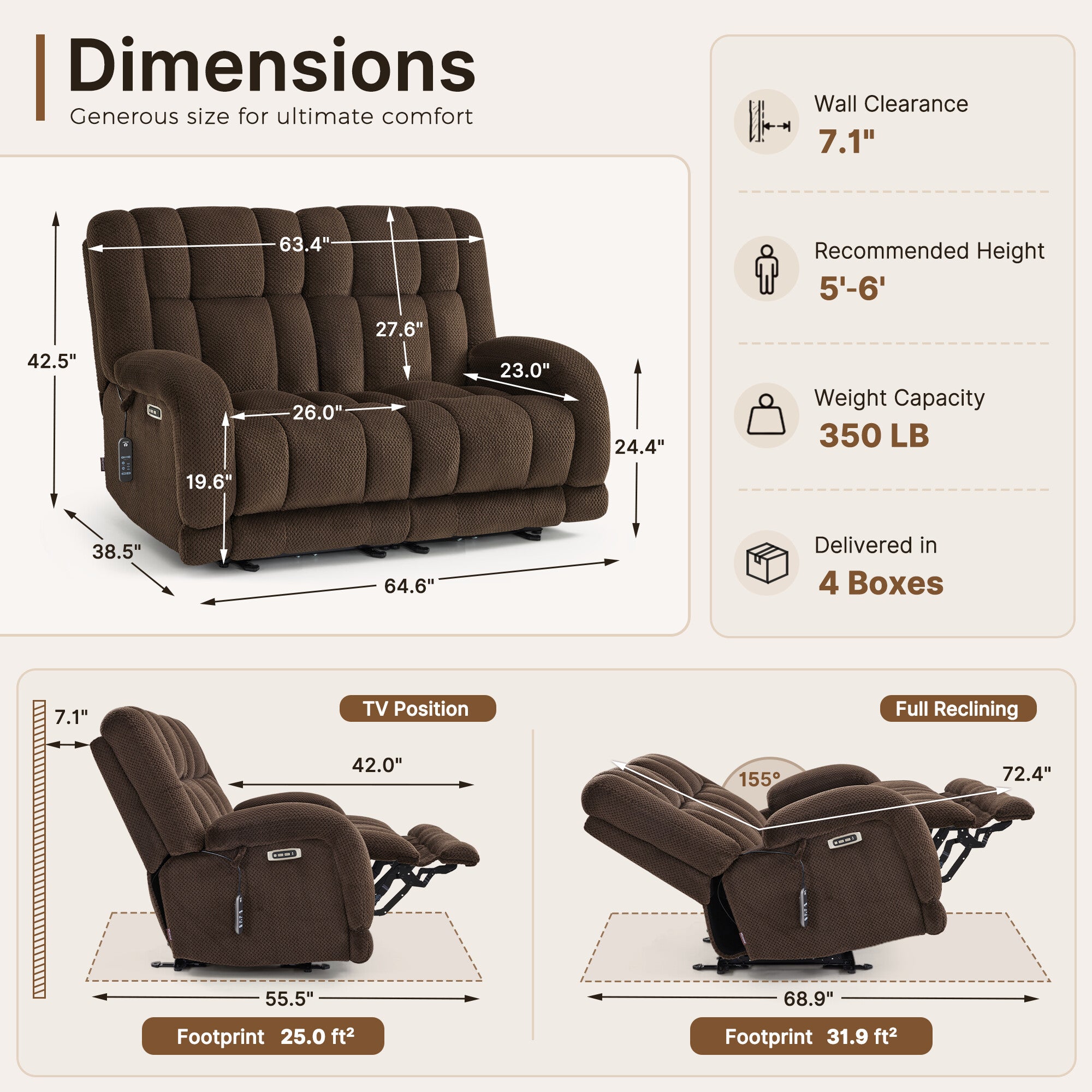 Power Reclining Loveseat with Heat and Massage, Fabric 6855