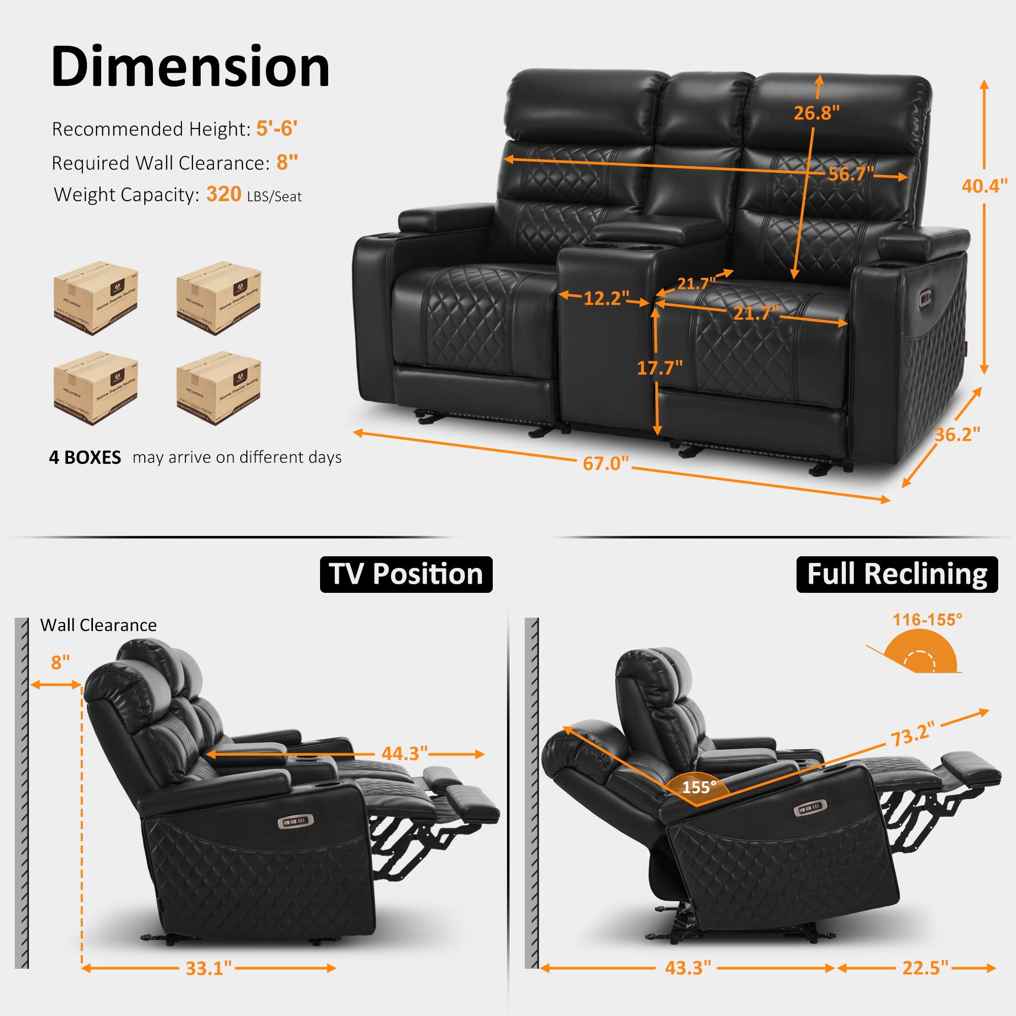 Power Reclining Loveseat with Console, Home Theater Seating, Faux leather HTS480