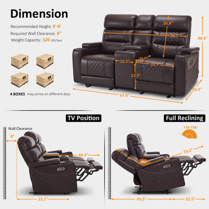 Power Reclining Loveseat with Console, Home Theater Seating, Faux leather HTS480