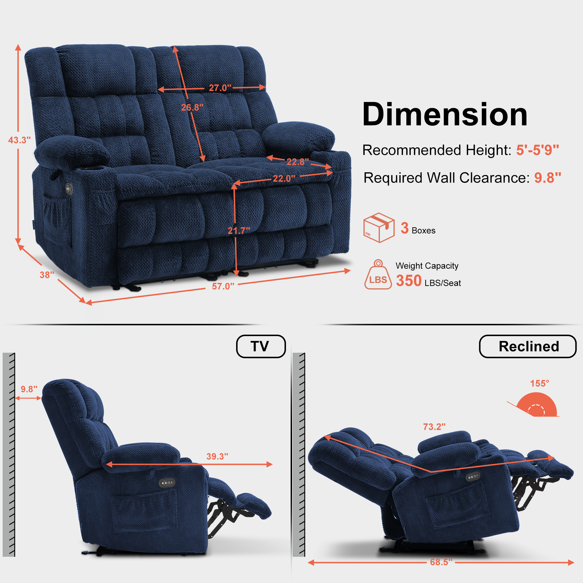 Power Reclining Loveseat with Heat and Massage, Fabric 6314|6316M3