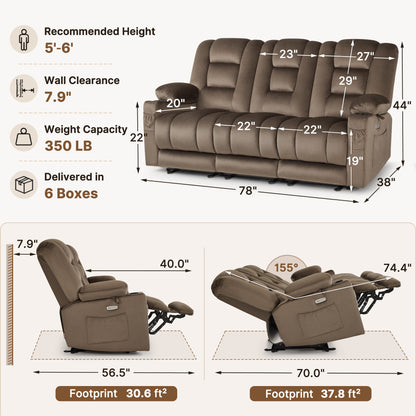 82 in 3 Seater Reclining Sofa with Heat and Massage PR648M3
