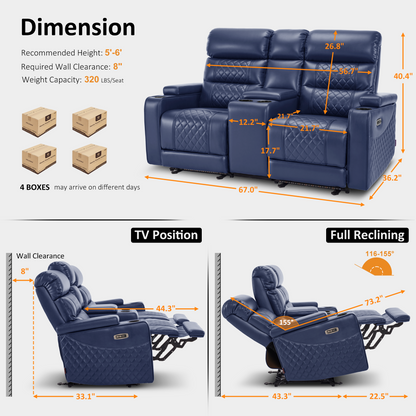 Power Reclining Loveseat with Console, Home Theater Seating, Faux leather HTS480