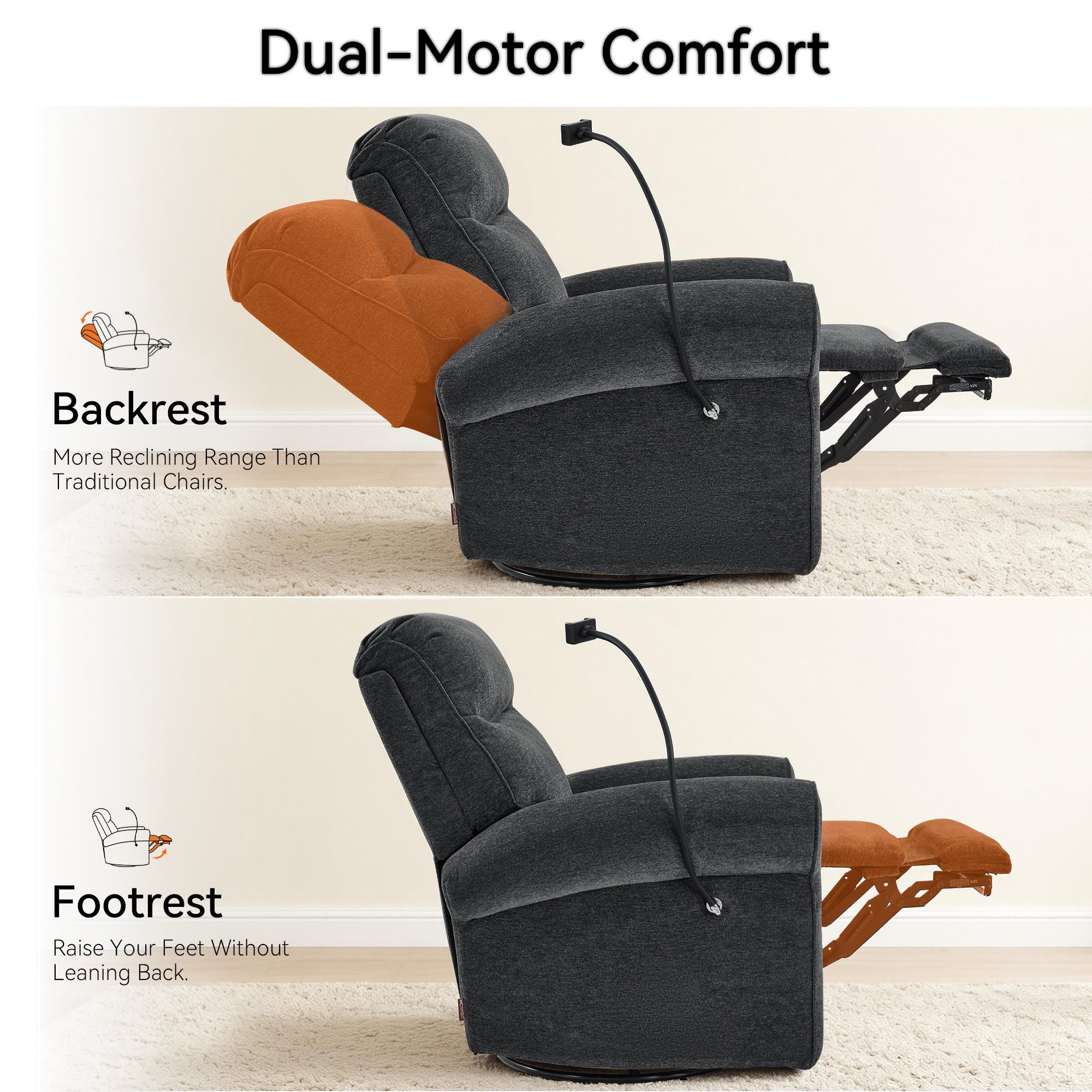 Triple Motor Power Swivel Rocker Recliner with Adjustable Headrest & Extended Footrest, Fabric PR638