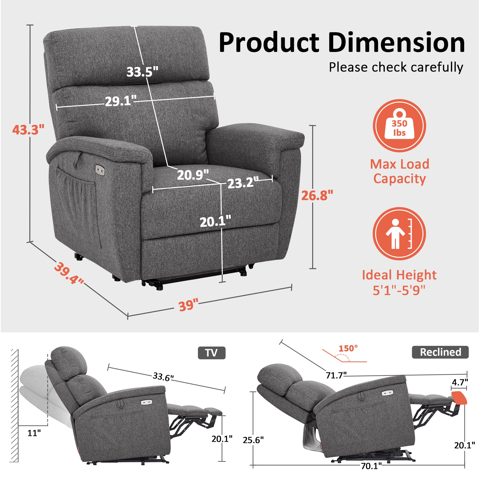 Power Lift Recliner Chair for Elderly, Massage and Heat, Fabric R7605