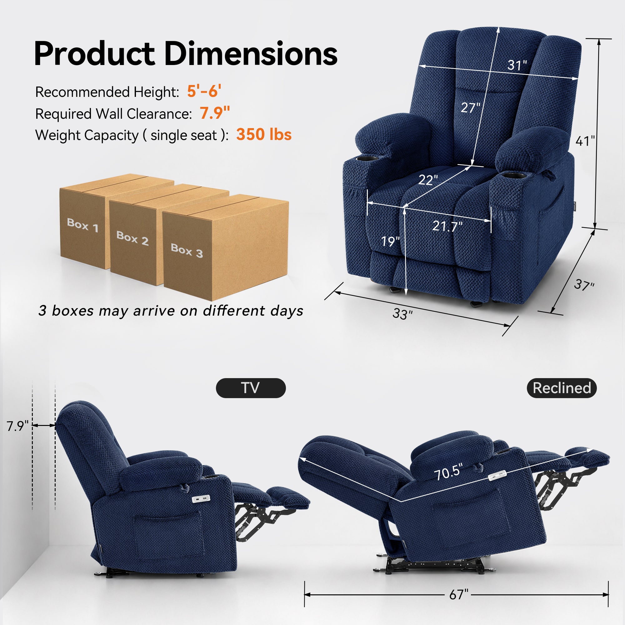 Power Recliner Chair with Massage and Heat, Fabric 8015|8017
