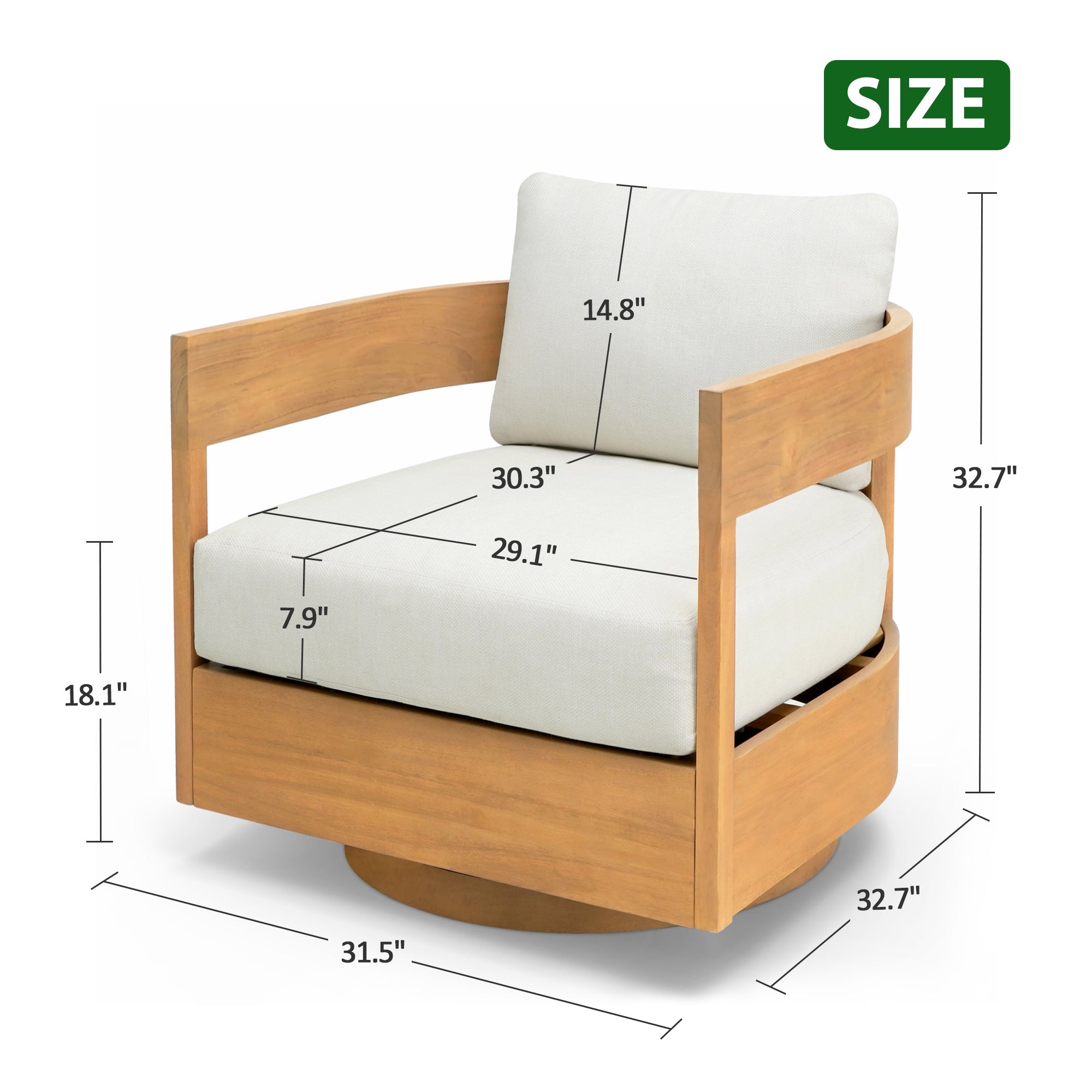360° Swivel Patio Chair, Outdoor Rotating Armchair with 7.9" Thickened Cushions, Solid Acacia Wood Frame for Backyard, Deck, Indoor OF139