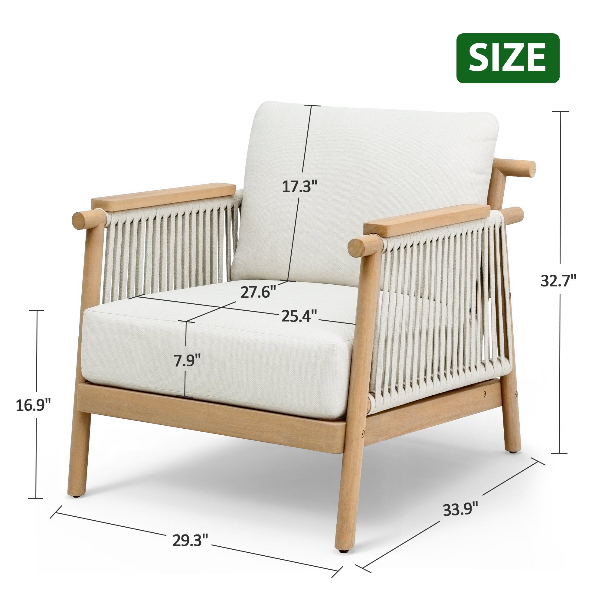 Patio Rattan Chair, Outdoor Wicker Furniture with 7.9″ Thickened Cushions and Acacia Wood Frame for Backyard, Deck, Indoor OF105