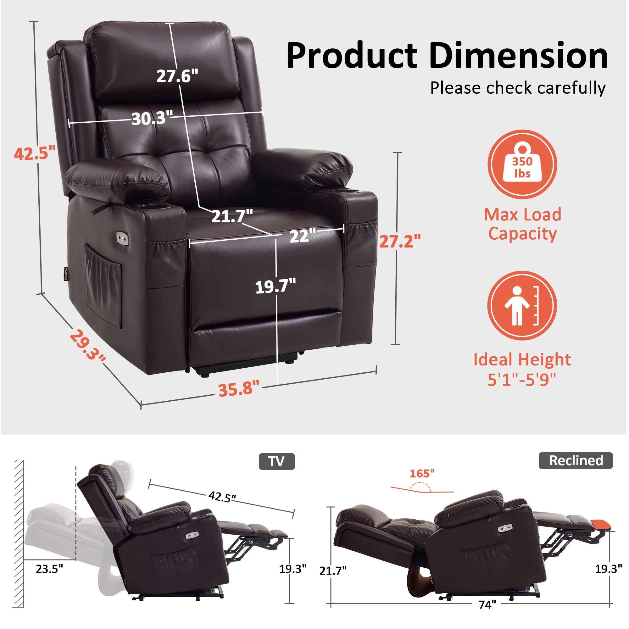 Power Lift Recliner Chair, Triple Motor, Massage and Heat, Faux Leather 7661|7662