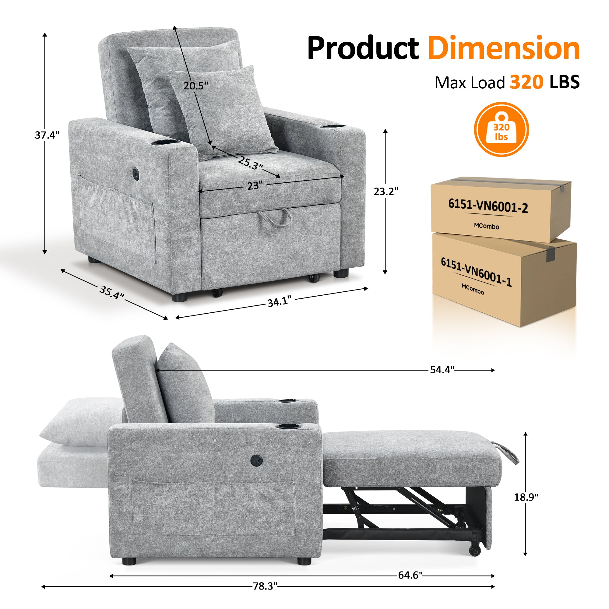 MCombo Convertible Sleeper Chair Bed, 3-in-1 Folding Sofa Chair with Adjustable Backrest, Pull-Out Bed with USB Port, Cup Holders, Linen Fabric, for Small Spaces Living Room Guest Room Office VN6001
