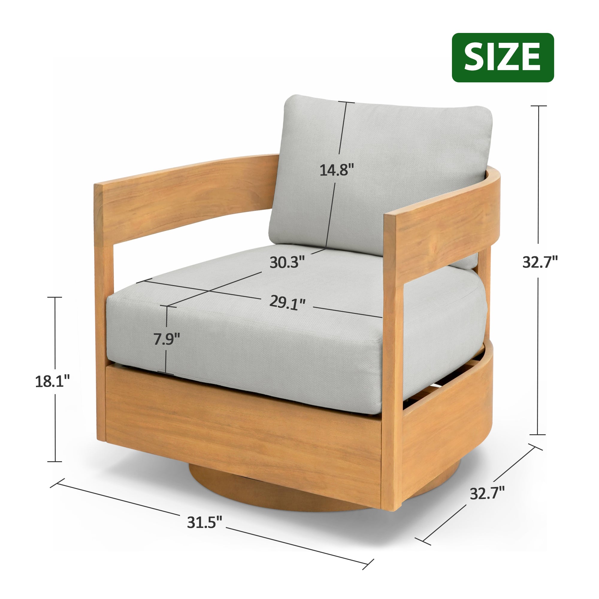 360° Swivel Patio Chair, Outdoor Rotating Armchair with 7.9" Thickened Cushions, Solid Acacia Wood Frame for Backyard, Deck, Indoor OF139