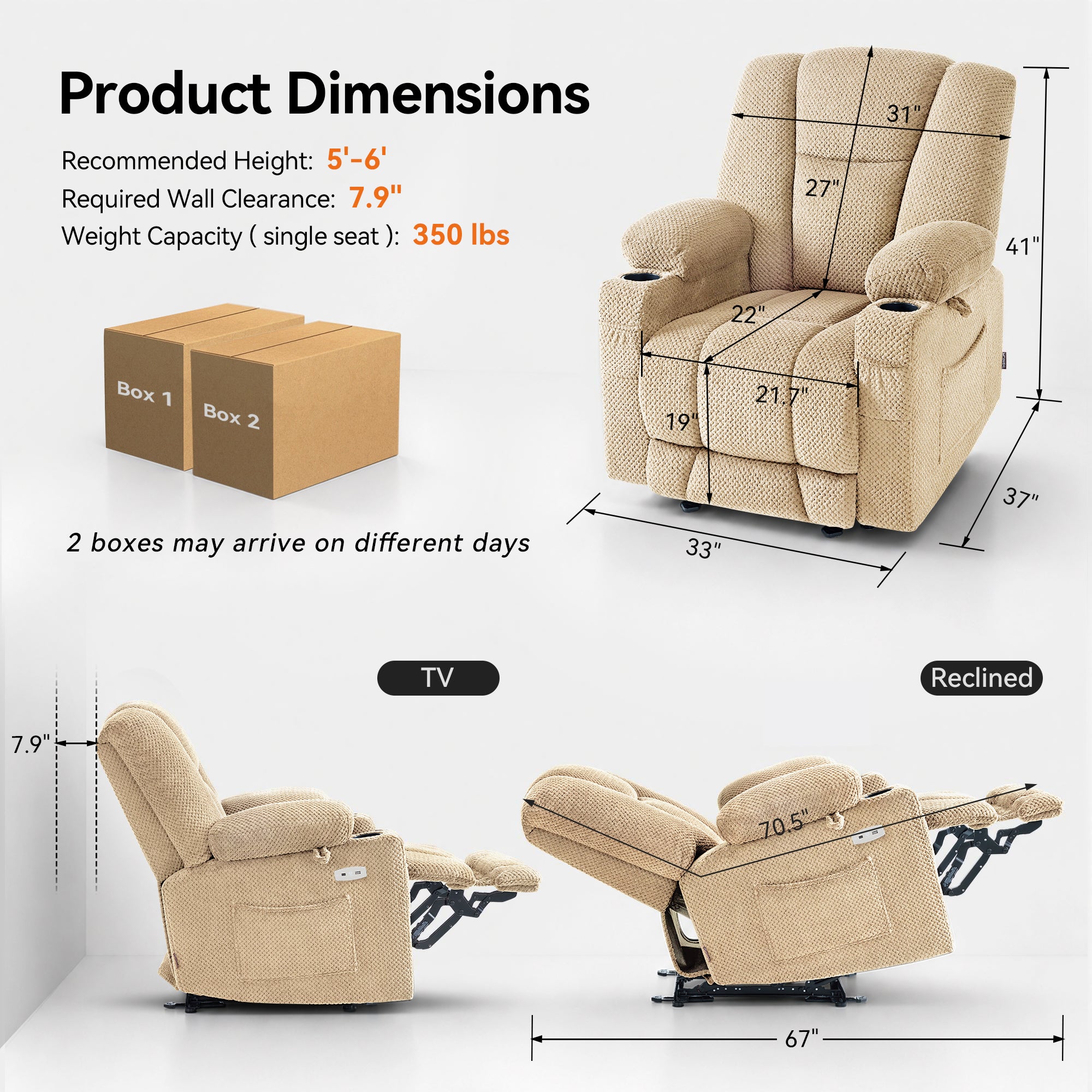 Power Recliner Chair with Massage and Heat, Fabric 8015|8017