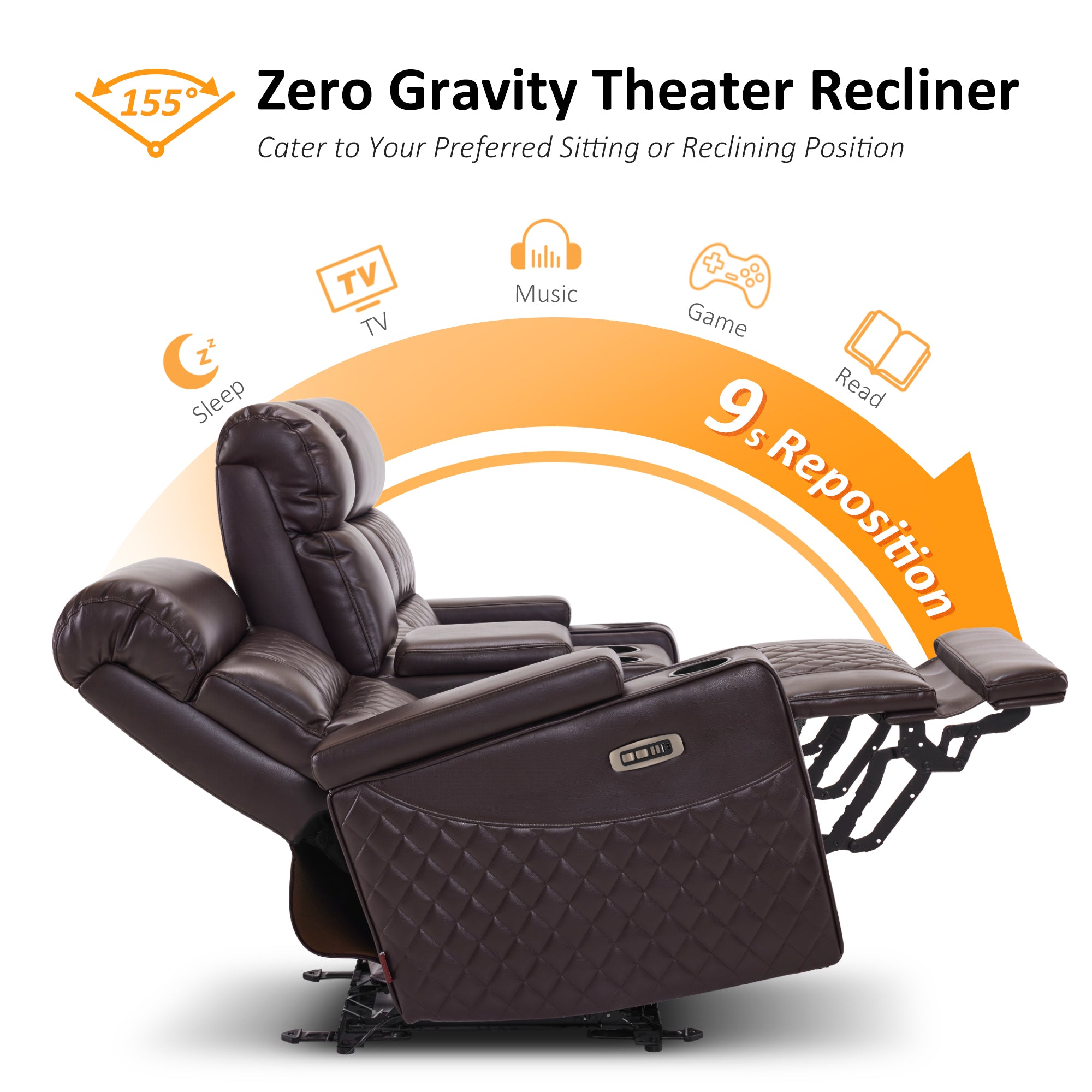 Power Reclining Loveseat with Console, Home Theater Seating, Faux leather HTS480